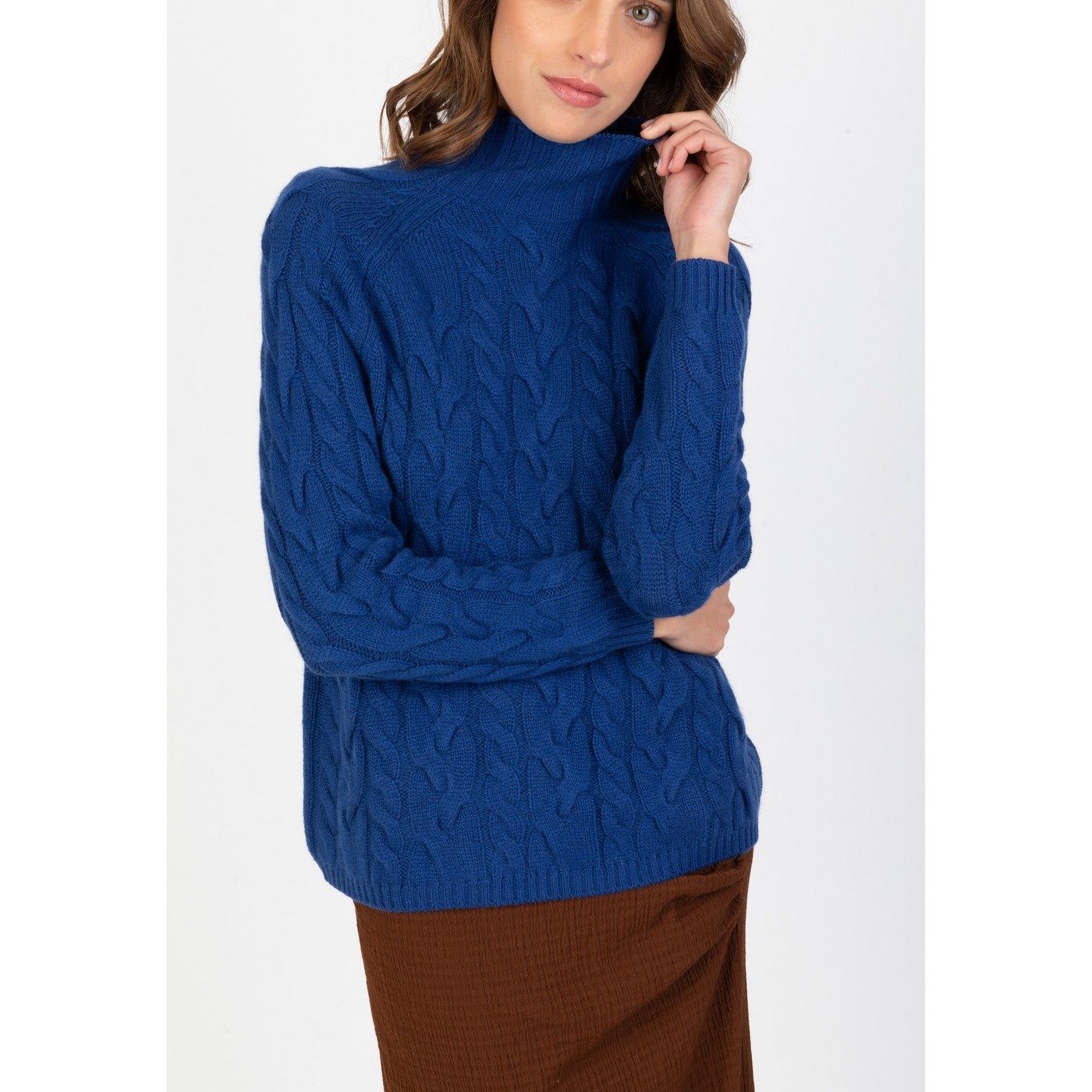 Perfect Cashmere - Jersey de Cuello Alto Mairead Azul Petróleo, 100% Cachemira, 6 Hilos, Trenzado, 396Gr - Mujer