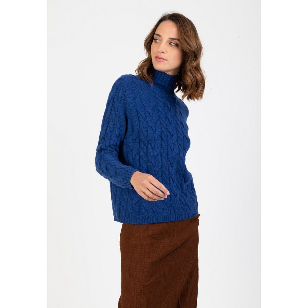 Perfect Cashmere - Jersey de Cuello Alto Mairead Azul Petróleo, 100% Cachemira, 6 Hilos, Trenzado, 396Gr - Mujer