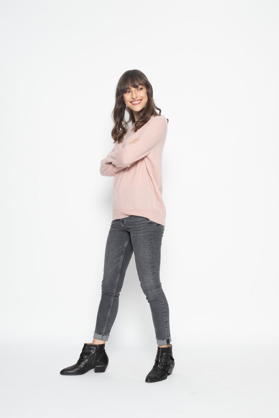 Round Neck Jumper With Button At The Back 0 Old Rose, Jersey, 100% Cashmere, 2 Ply - Women