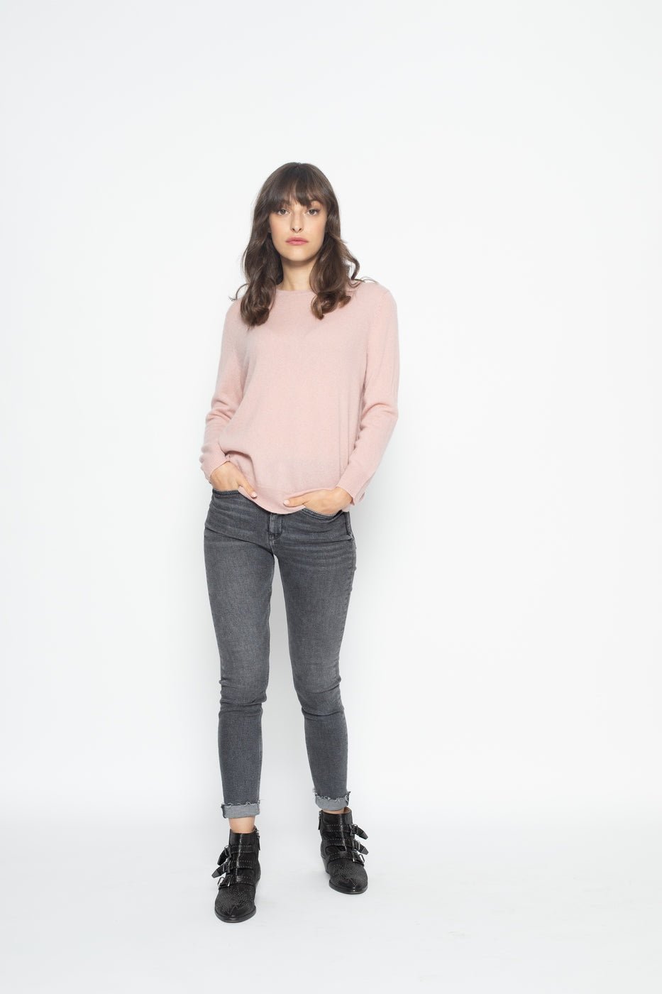 Round Neck Jumper With Button At The Back 0 Old Rose, Jersey, 100% Cashmere, 2 Ply - Women