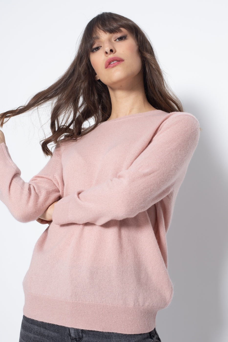 Round Neck Jumper With Button At The Back 0 Old Rose, Jersey, 100% Cashmere, 2 Ply - Women