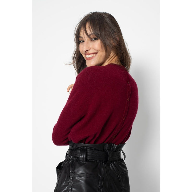 Pull Col Rond Avec Boutons Dans Le Dos Estaris Burgundy, Jersey, 100% Cachemire, 2 Fils - Femme