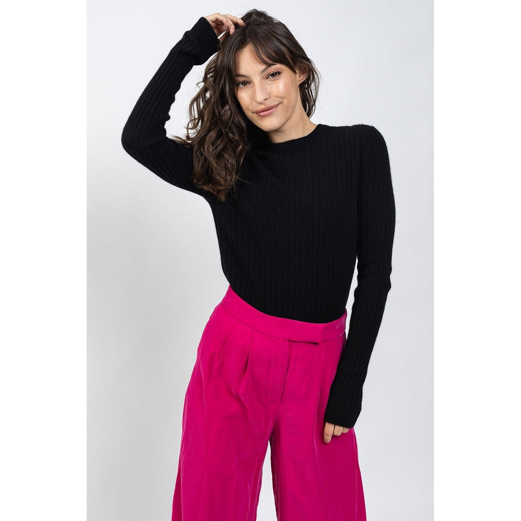 Jersey Cuello Redondo Bella Negro, Canalé Tradicional, 100% Cachemira, 2 Hilos - Mujer