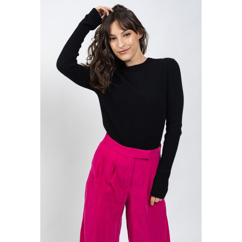 Jersey Bella Negro con Cuello Redondo, Puños Tradicionales, 100% Cachemira, 2 Hilos - Mujer