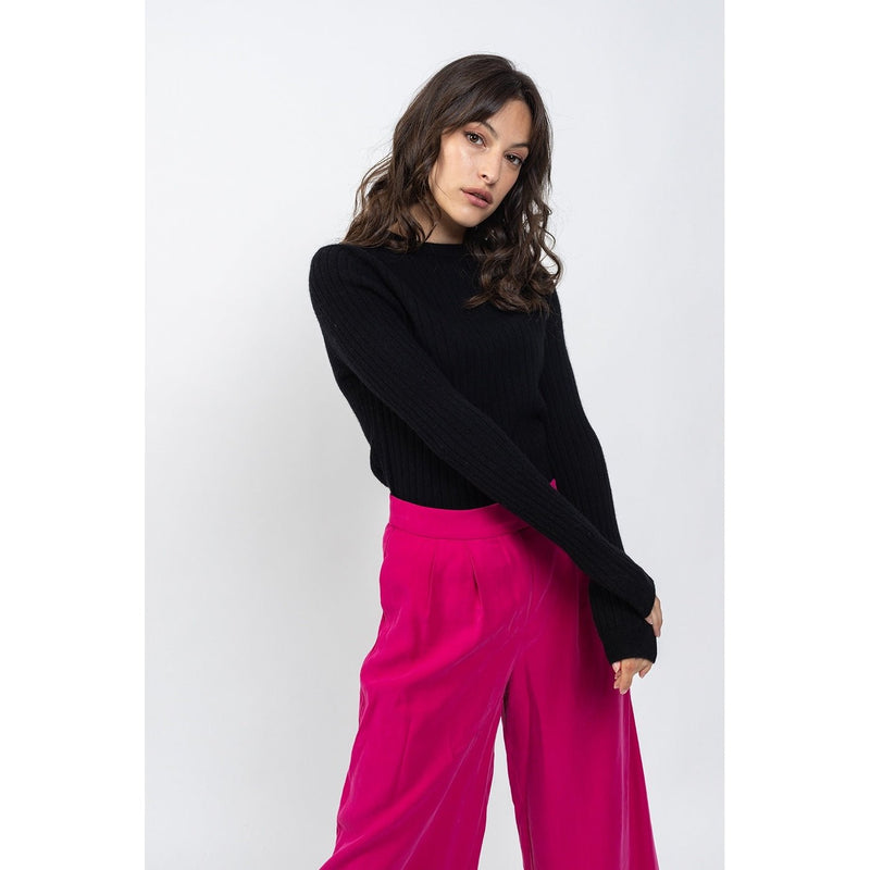 Jersey Bella Negro con Cuello Redondo, Puños Tradicionales, 100% Cachemira, 2 Hilos - Mujer