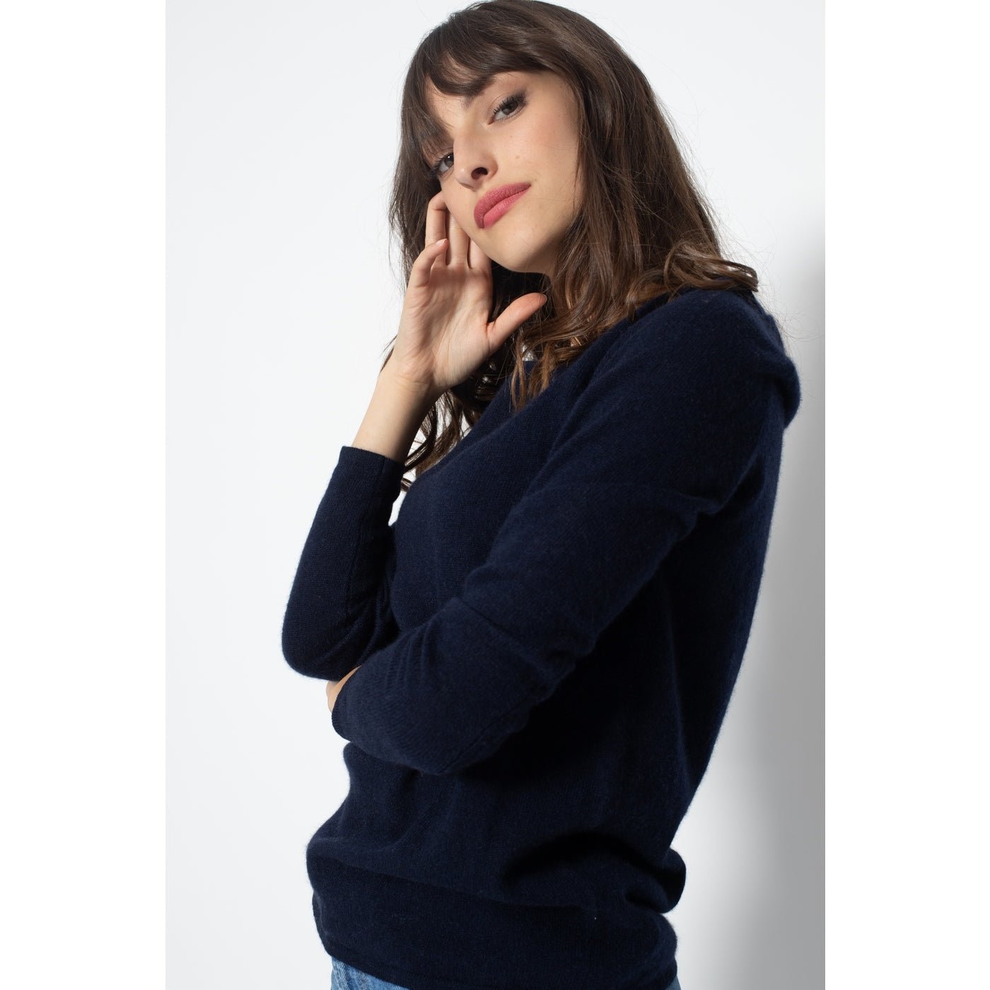 Pull Col Rond Ecrin Marine, Jersey, 100% Cachemire, 2 Fils - Femme