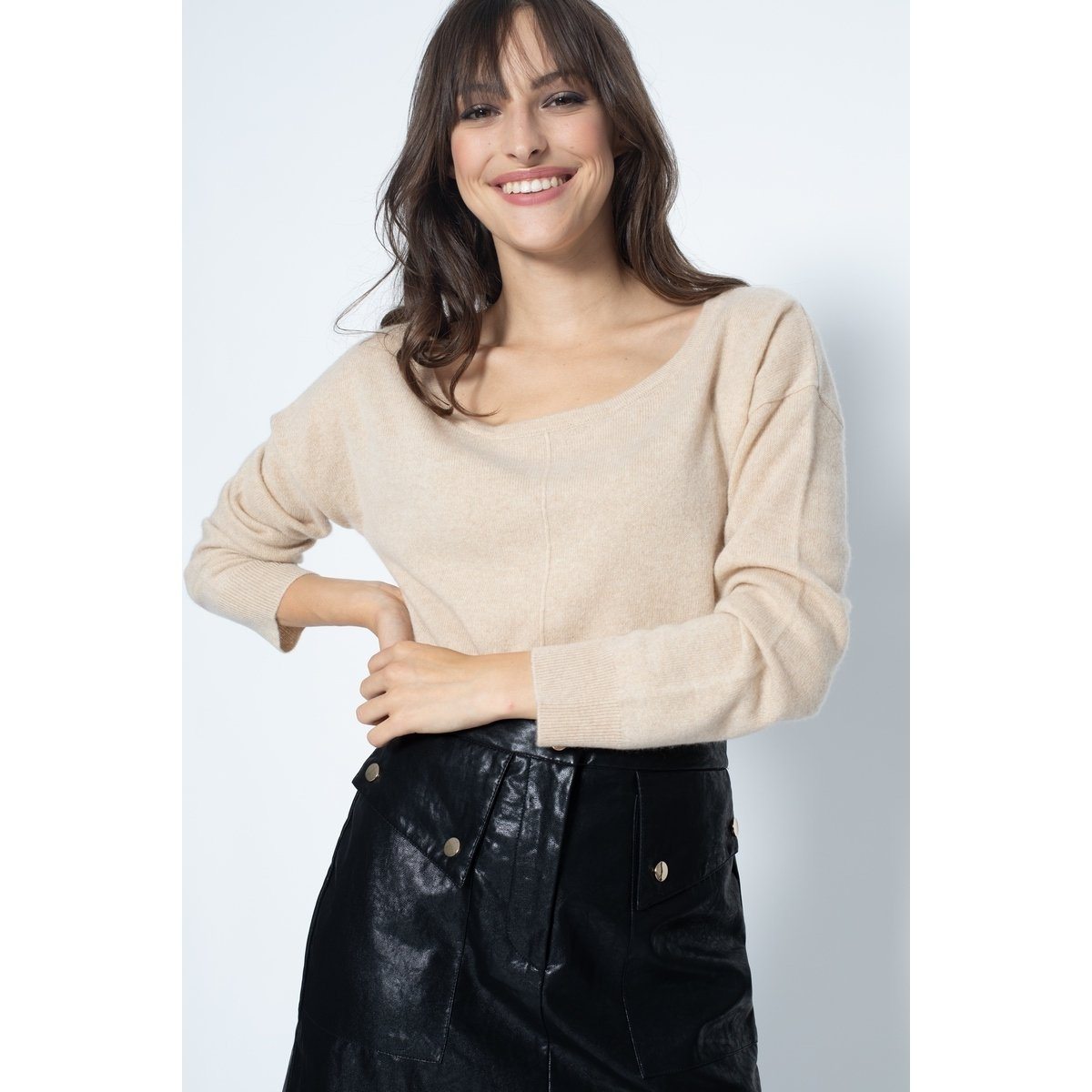 Jersey Cuello Redondo Oversize Faraut Beige, Jersey, 100% Cachemira, 2 Hilos - Mujer