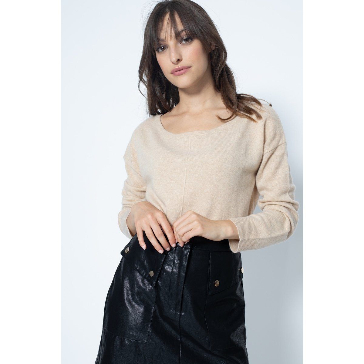 Jersey Cuello Redondo Oversize Faraut Beige, Jersey, 100% Cachemira, 2 Hilos - Mujer