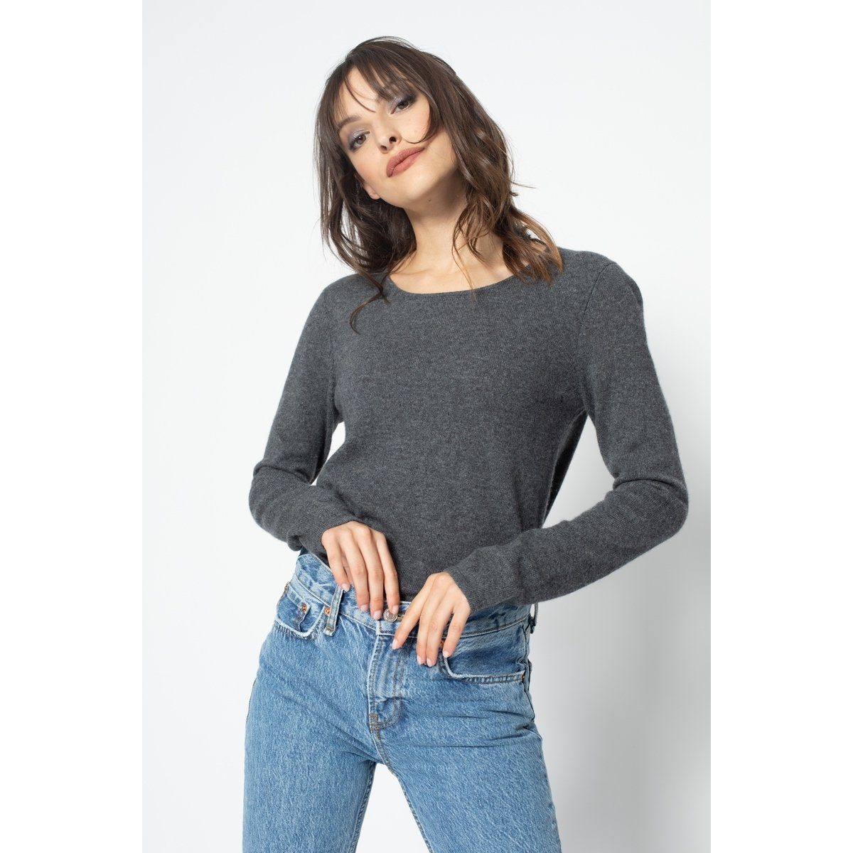 Jersey Cuello Redondo Slim Epéna Gris Oscuro, Jersey, 100% Cachemira, 2 Hilos - Mujer