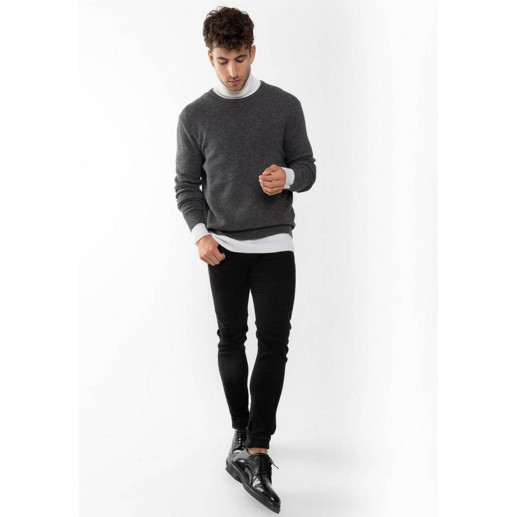 Pull Col Rond Viktor Gris Sombre, Jersey, 100% Cachemire, 4 Fils, 320 Gr - Homme