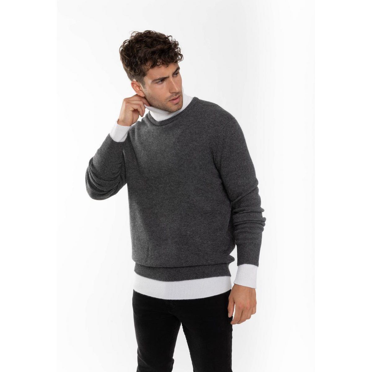 Pull Col Rond Viktor Gris Sombre, Jersey, 100% Cachemire, 4 Fils, 320 Gr - Homme