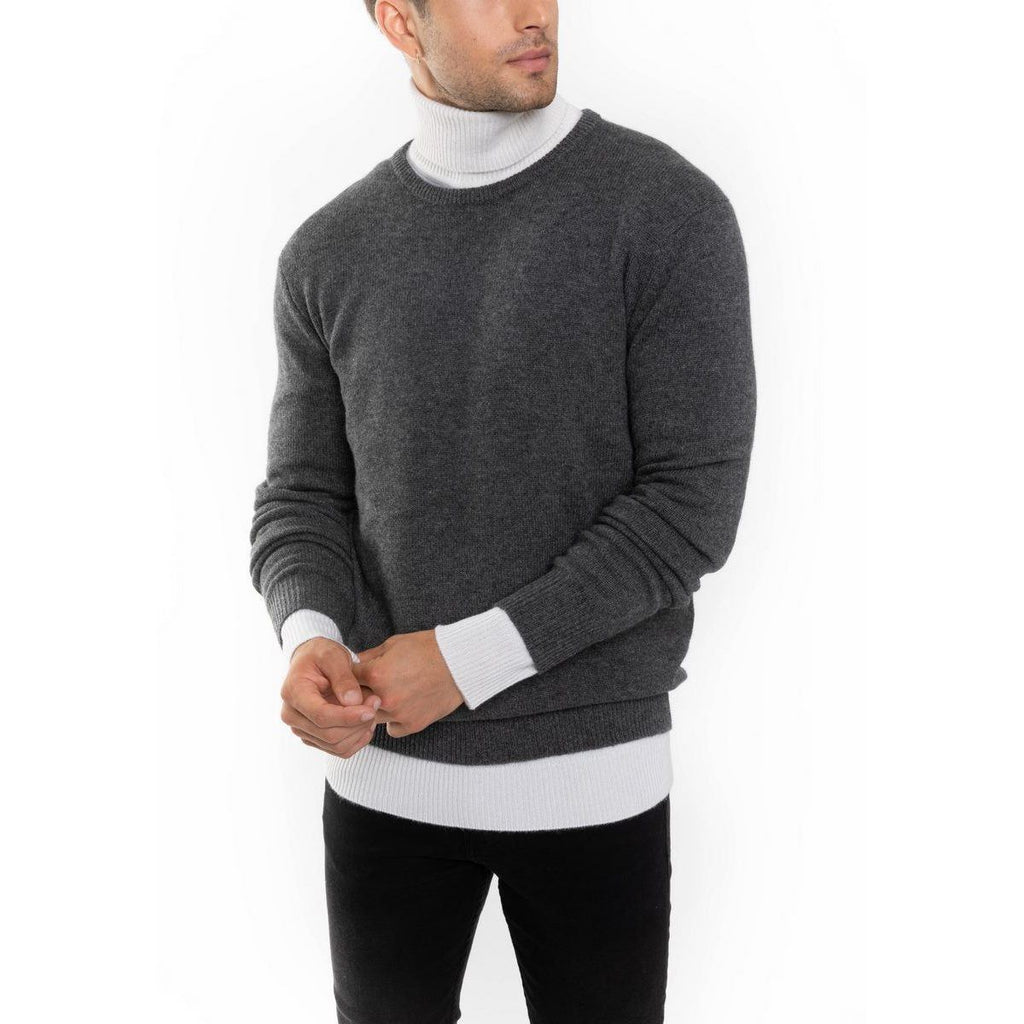 Pull Col Rond Viktor Gris Sombre, Jersey, 100% Cachemire, 4 Fils, 320 Gr - Homme