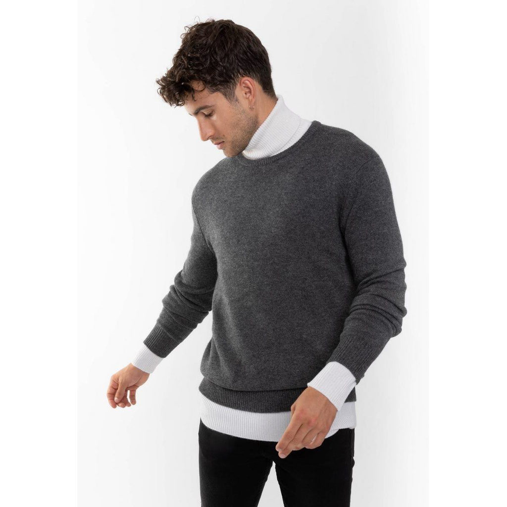 Pull Col Rond Viktor Gris Sombre, Jersey, 100% Cachemire, 4 Fils, 320 Gr - Homme