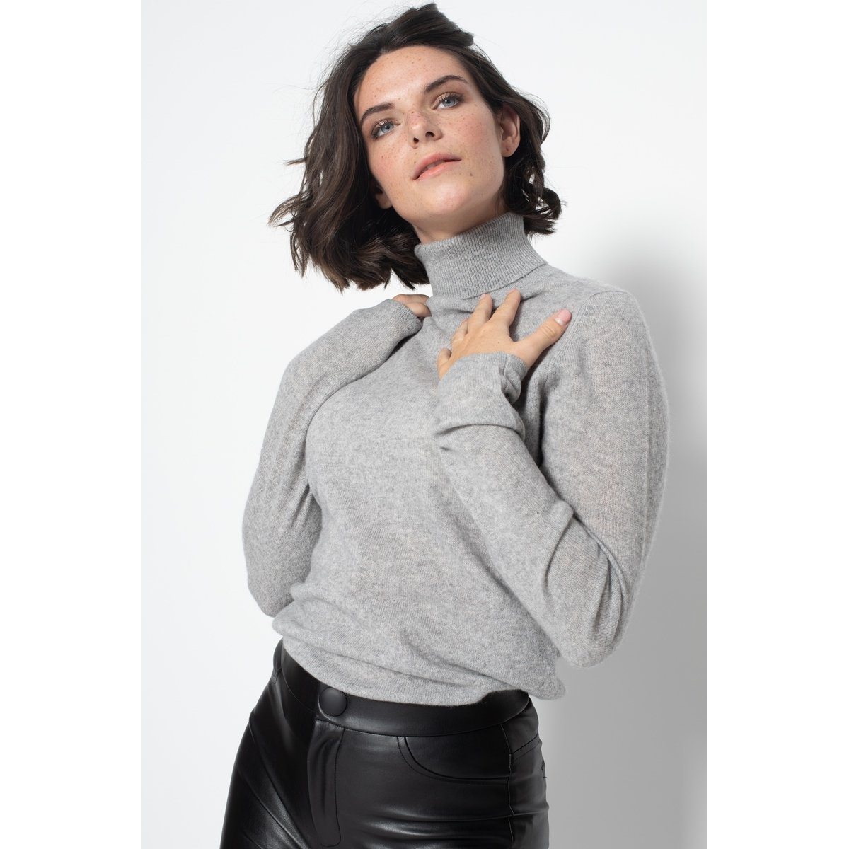 Bise Grey Marl Roll-Neck Jumper, Jersey, 100% Cashmere, 2-Ply - Women