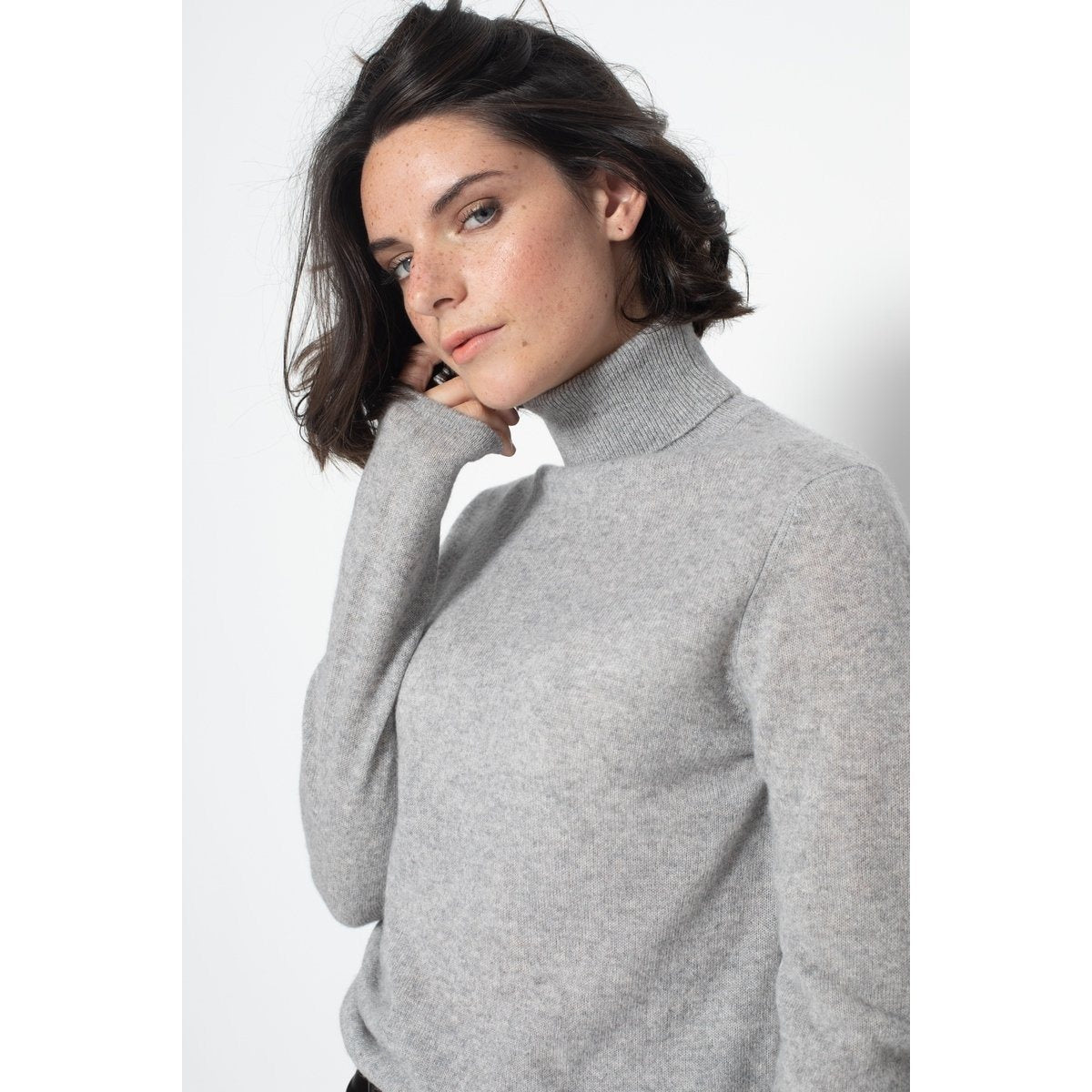 Bise Grey Marl Roll-Neck Jumper, Jersey, 100% Cashmere, 2-Ply - Women