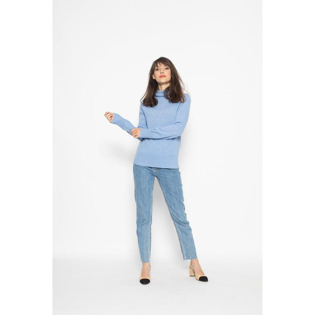Pull Col Roulé Loose Fornet Bleu Ciel, Jersey, 100% Cachemire, 2 Fils - Femme