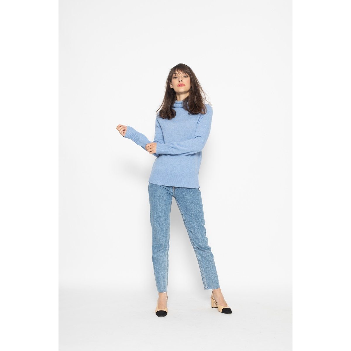 Pull Col Roulé Loose Fornet Bleu Ciel, Jersey, 100% Cachemire, 2 Fils - Femme