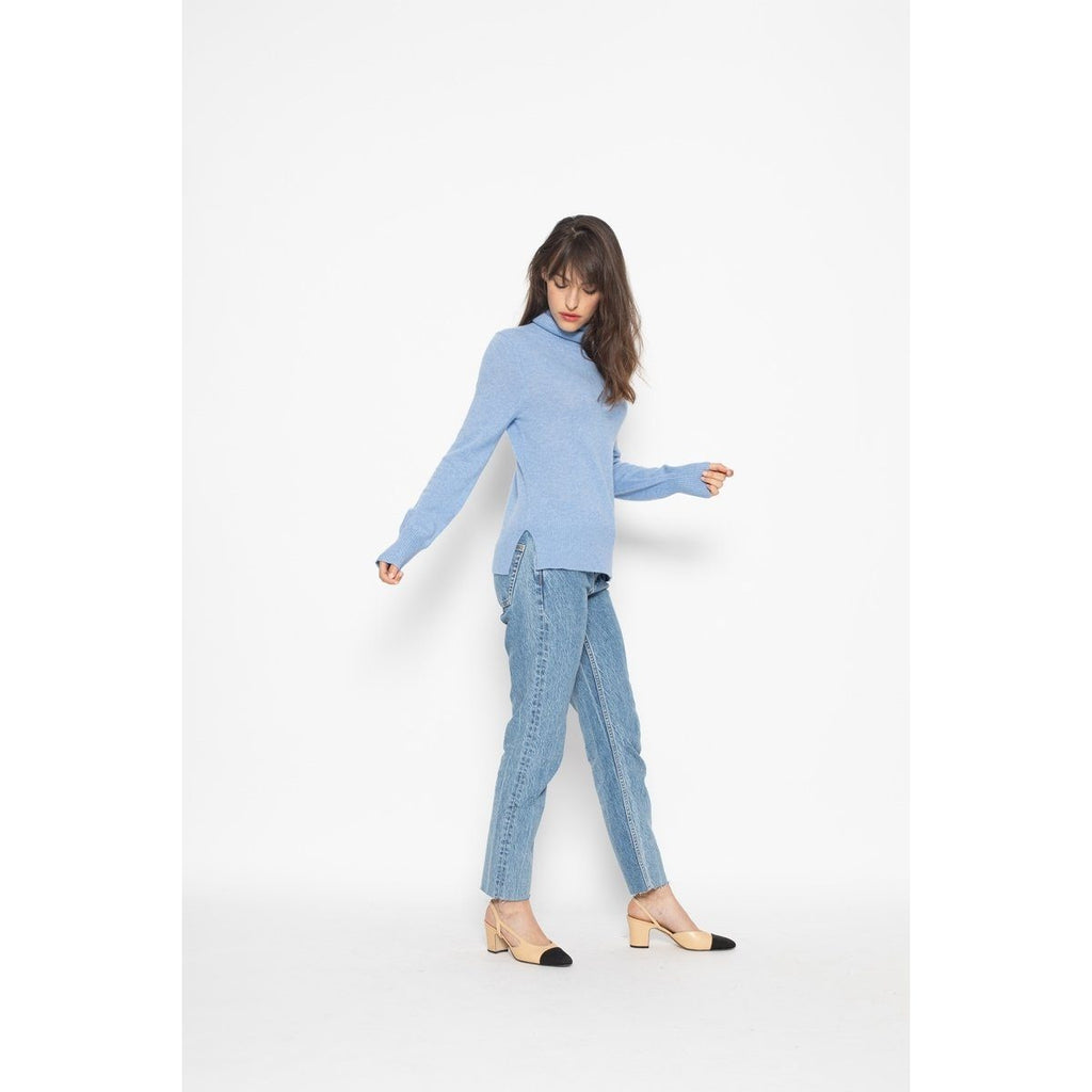 Pull Col Roulé Loose Fornet Bleu Ciel, Jersey, 100% Cachemire, 2 Fils - Femme