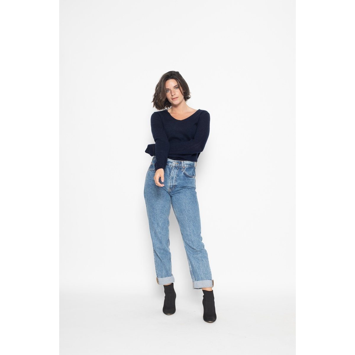 Jersey Cuello en V Galise Marino, Jersey, 100% Cachemira, 2 Hilos - Mujer
