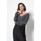 Jersey Cuello V Loose Giusalet Gris Oscuro, Jersey, 100% Cachemira, 2 Hilos - Mujer