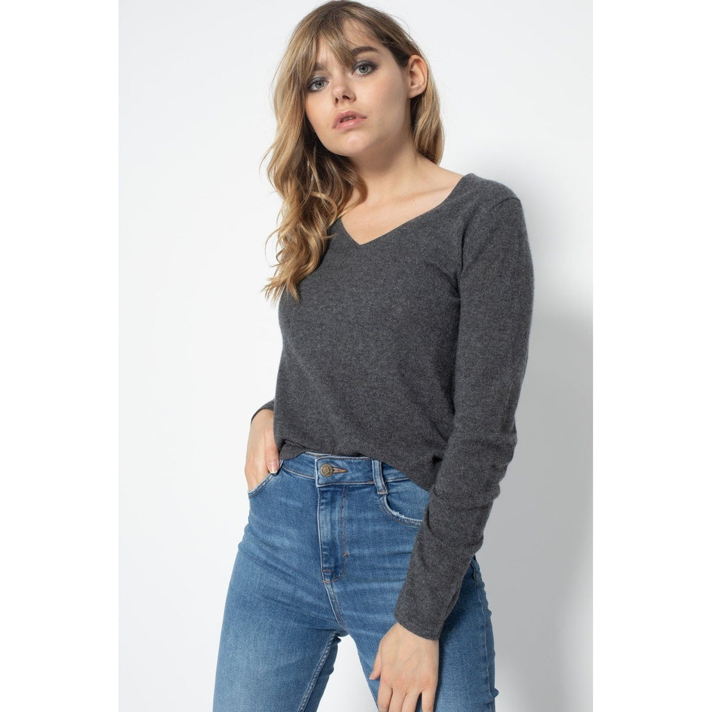 Shannon Dark Grey V-Neck Jumper, 100% Cashmere, 2-Ply, Jersey Knit - Women