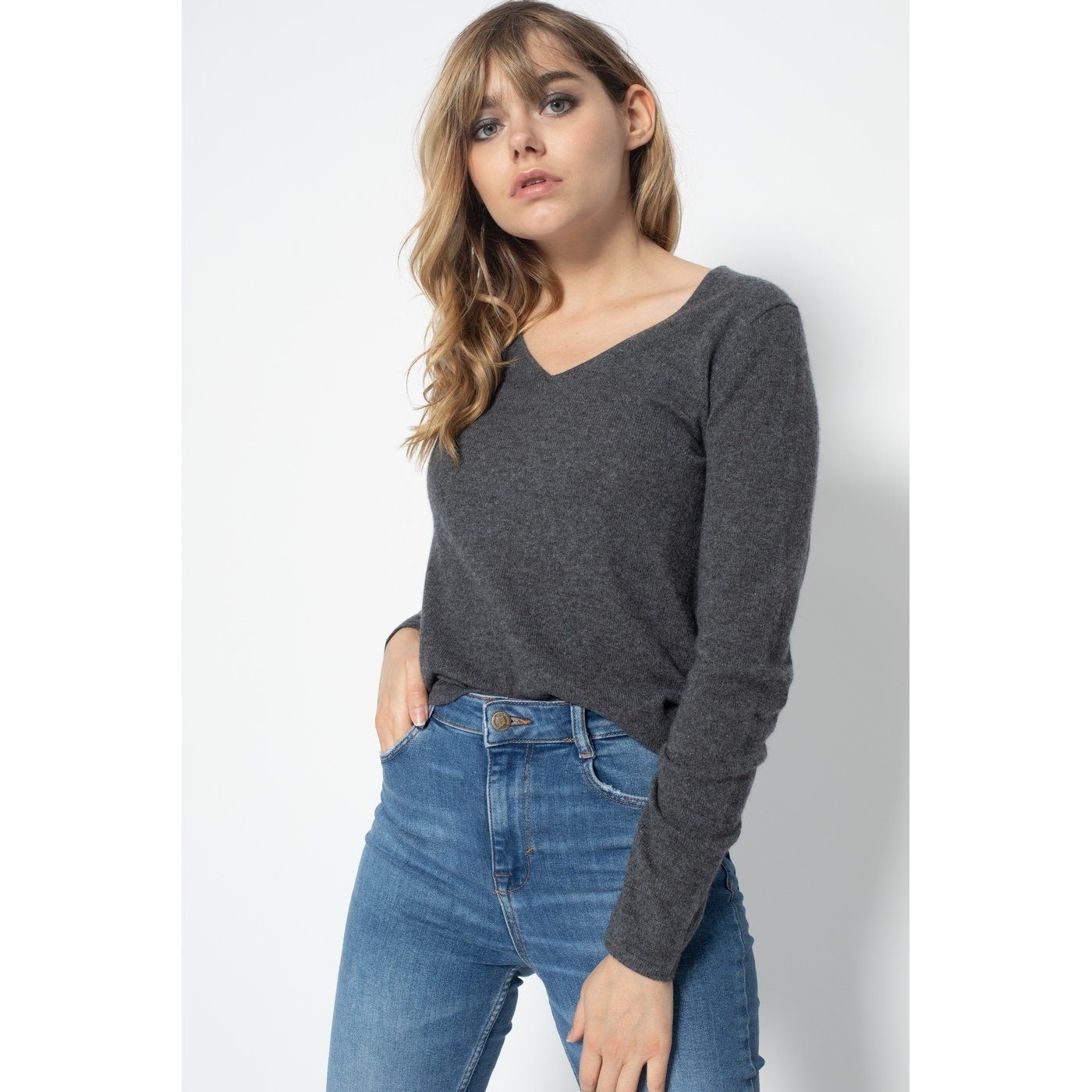 Shannon Dark Grey V-Neck Jumper, 100% Cashmere, 2-Ply, Jersey Knit - Women
