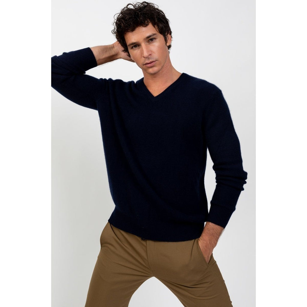 Pull Col V Victor Marine, Jersey, 100% Cachemire, 4 Fils, 332 Gr - Homme