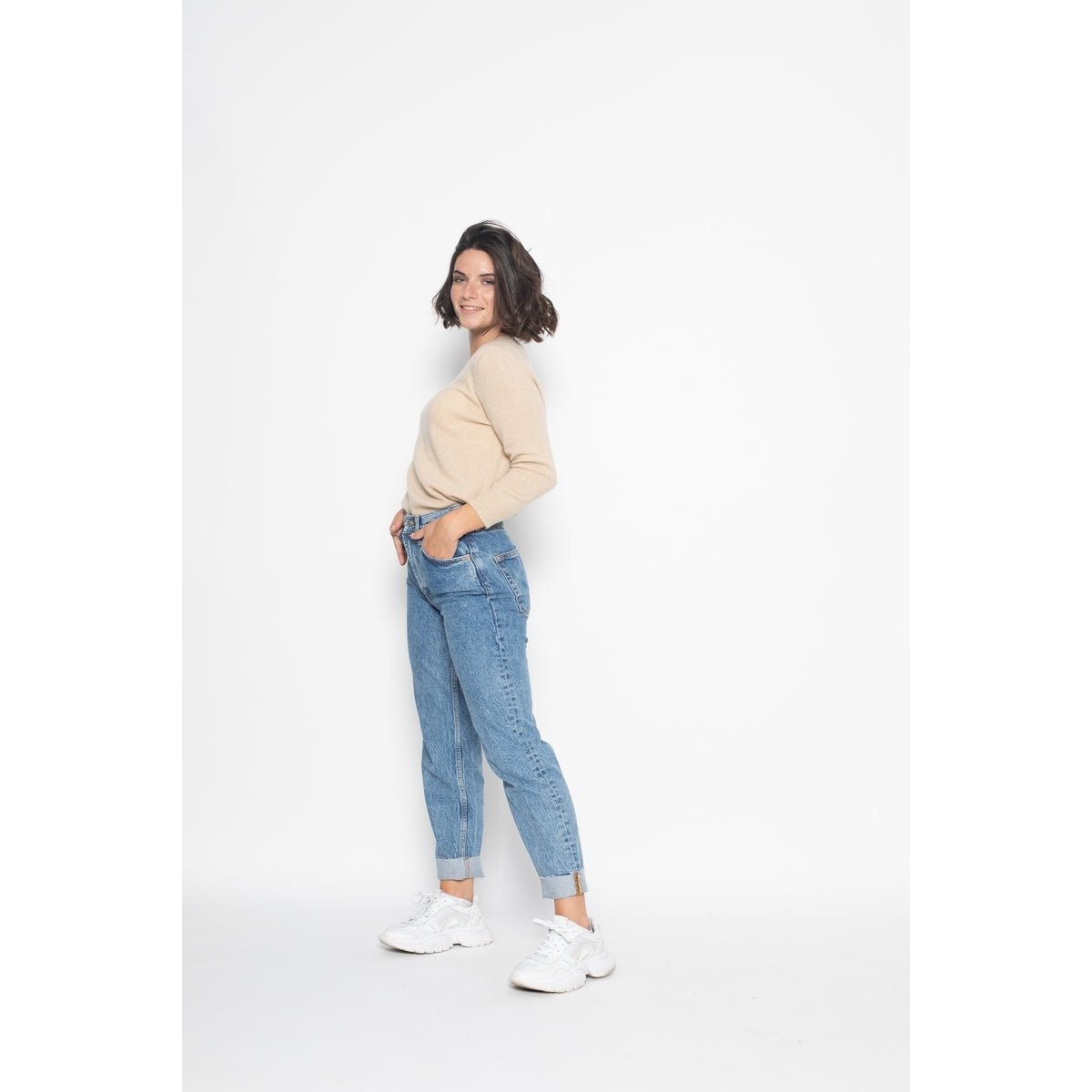 Jersey De Cuello Redondo Y Botón En La Espalda Estaris Beige, Jersey, 100% Cachemir, 2 Hilos - Mujer