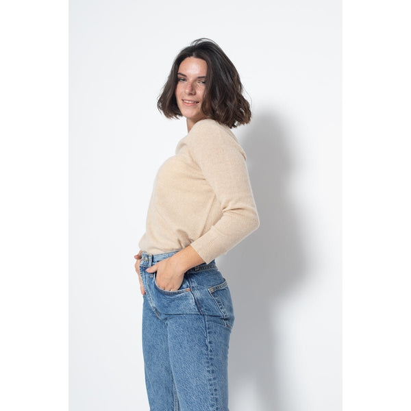 Pull Round Neck With Button On The Back Estaris Beige, Jersey, 100% Cachemire, 2 Fils - Femme