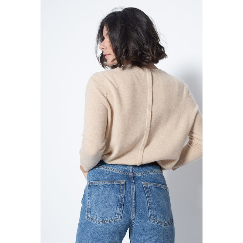 Pull Round Neck With Button On The Back Estaris Beige, Jersey, 100% Cachemire, 2 Fils - Femme