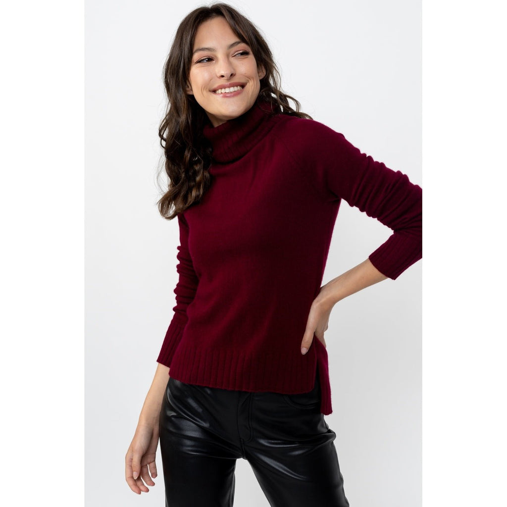 Pullover Asymetrique Col Roulé Manches Raglan Cassy Bourgogne, Jersey, 100% Cachemire, 2 Fils - Femme