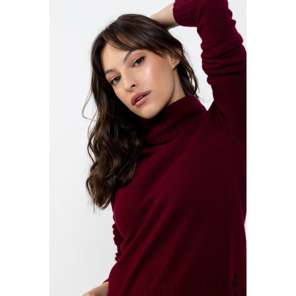 Pullover Asymetrique Col Roulé Manches Raglan Cassy Bourgogne, Jersey, 100% Cachemire, 2 Fils - Femme