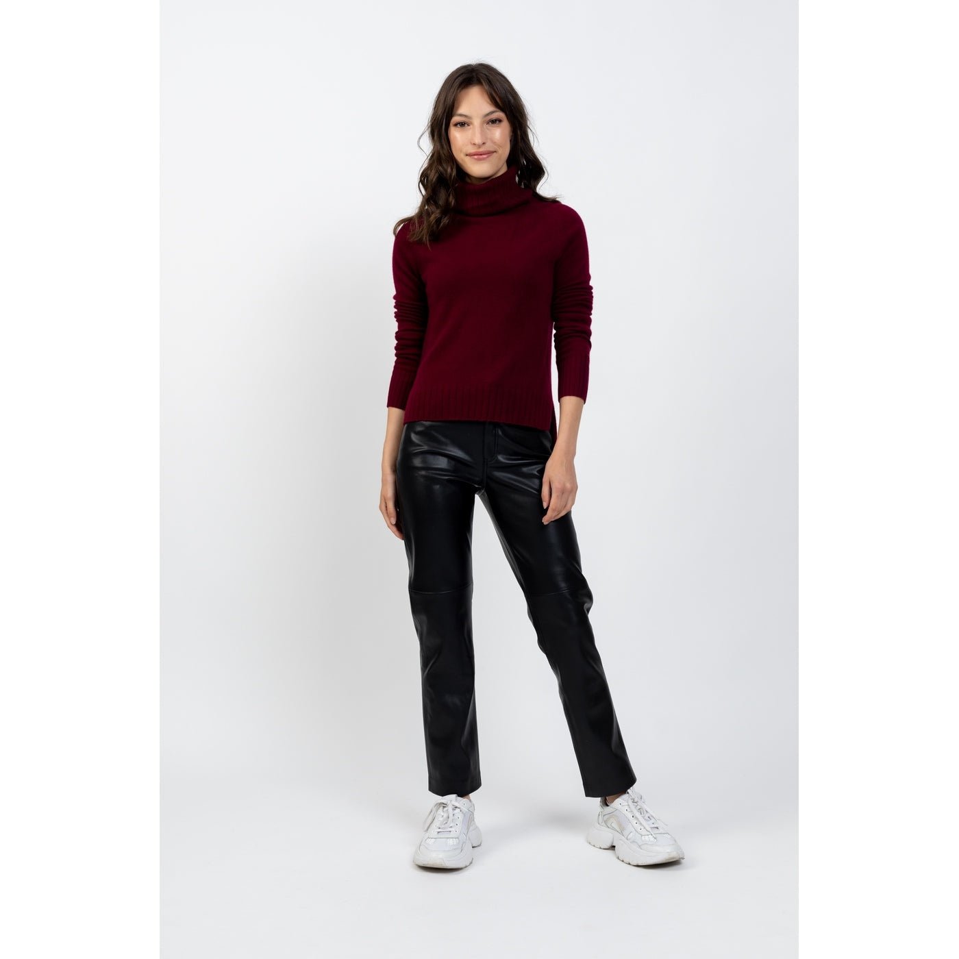 Pullover Asymetrique Col Roulé Manches Raglan Cassy Bourgogne, Jersey, 100% Cachemire, 2 Fils - Femme