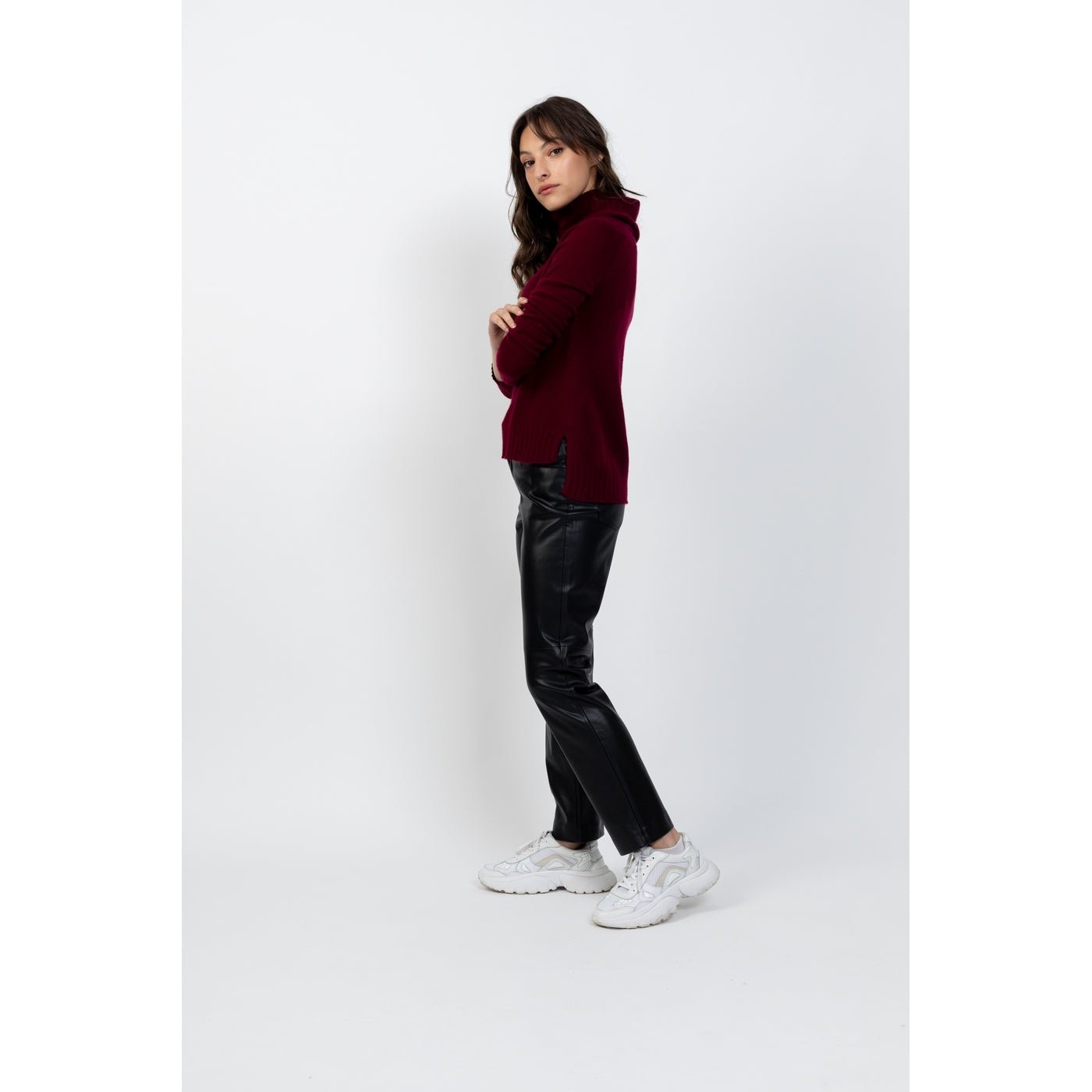 Pullover Asymetrique Col Roulé Manches Raglan Cassy Bourgogne, Jersey, 100% Cachemire, 2 Fils - Femme