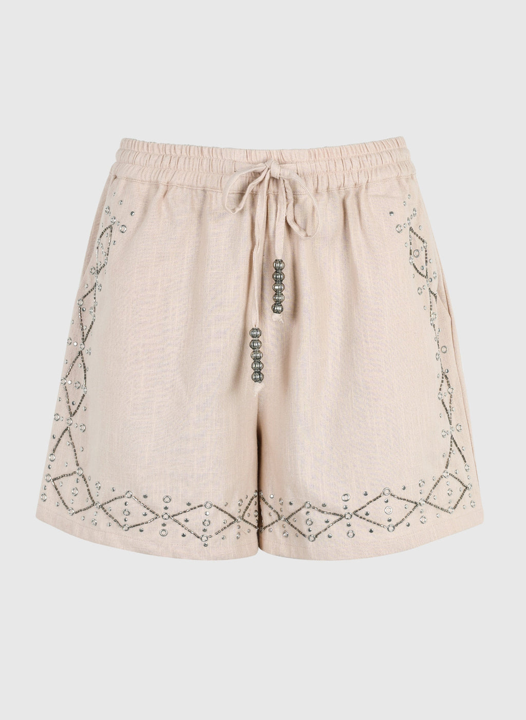 An'ge – Short Ramalo Lin, short beige en lin avec broderies et perles, vue de face