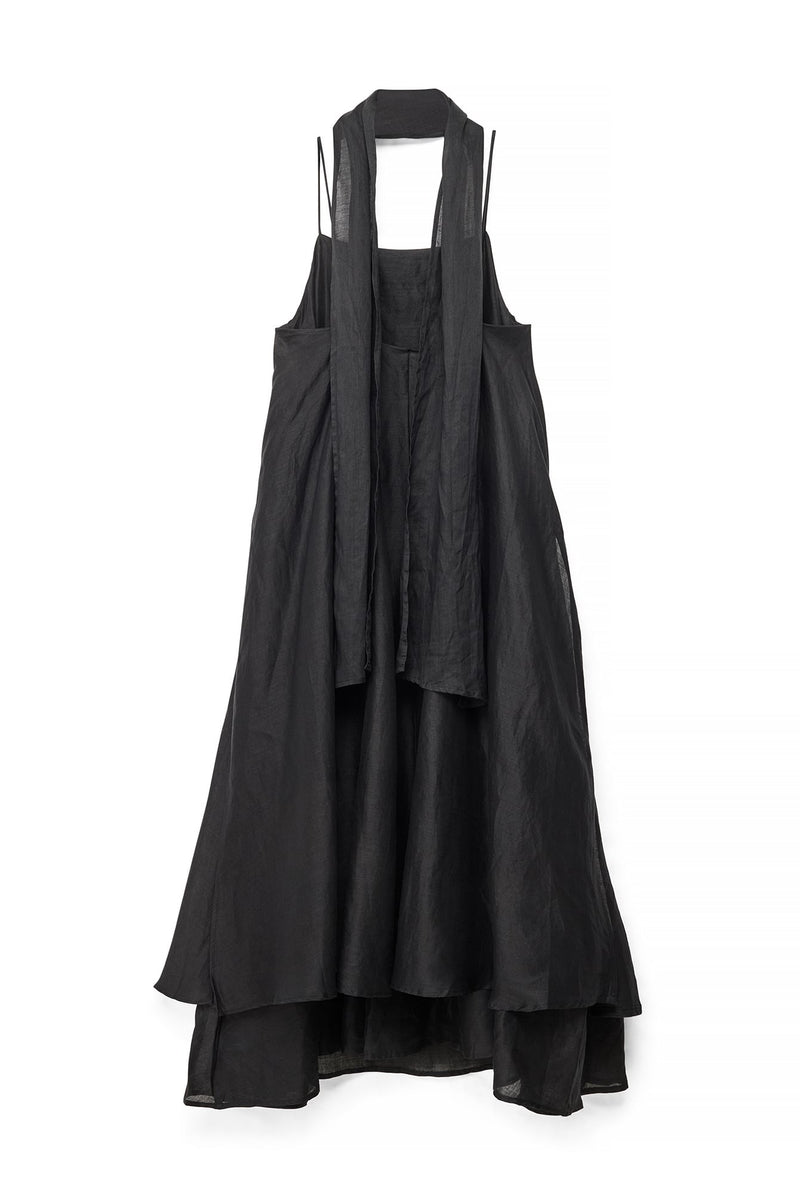 Robe Mi-Longue En Ramie Avec Écharpe Noir