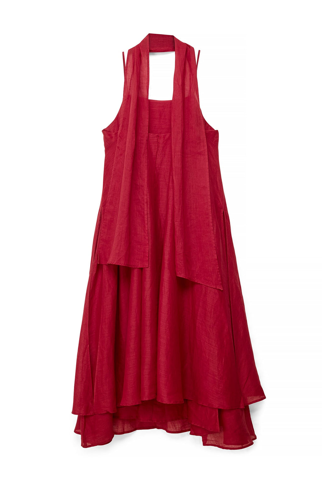 Robe Mi-Longue En Ramie Avec Écharpe Rouge