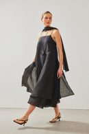 Robe Mi-Longue En Ramie Avec Écharpe Noir