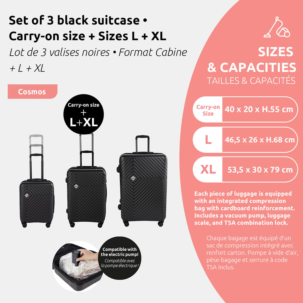 Set van 3 Ruimtebesparende Koffers - Handbagage + Maat L + Maat XL
