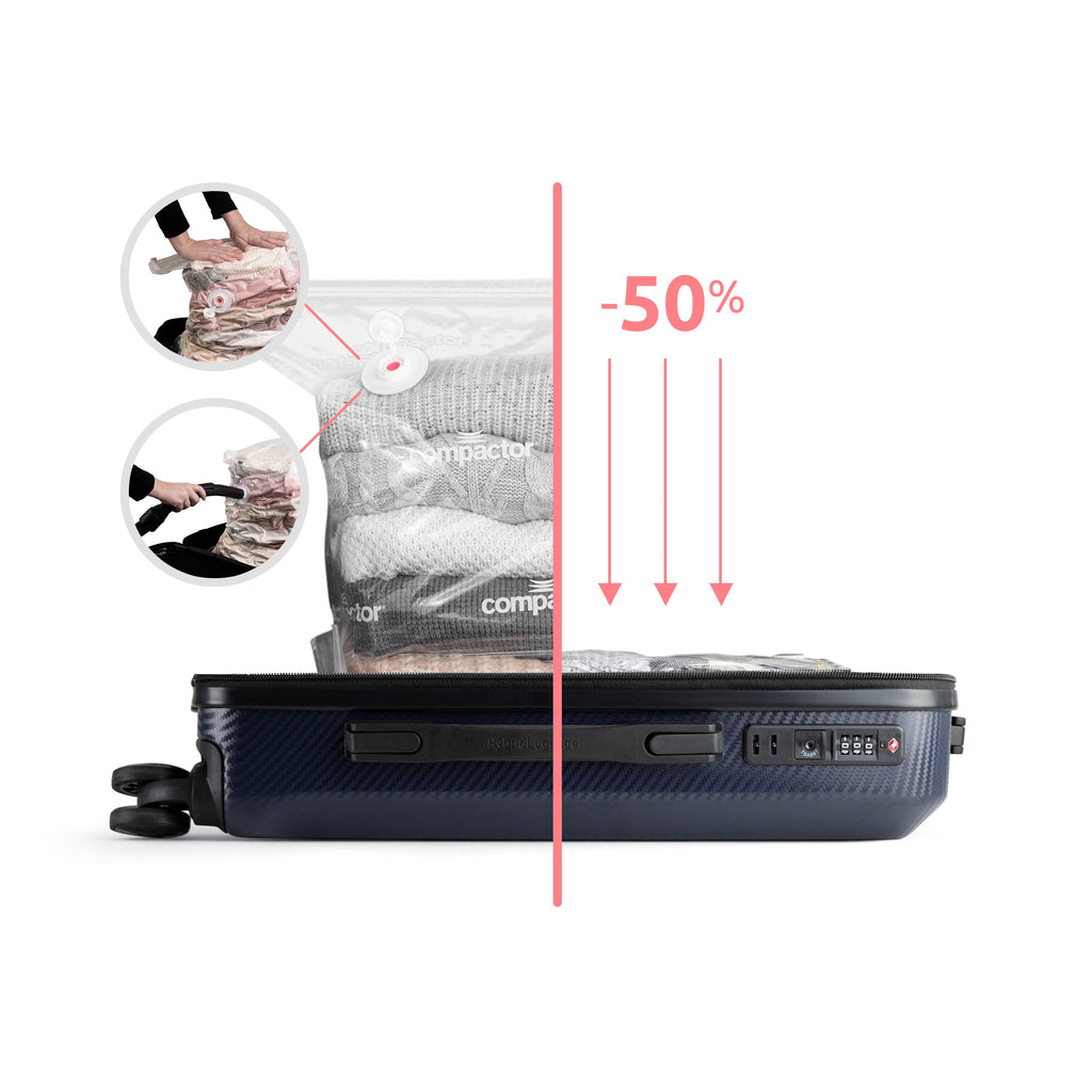 Set van 3 Ruimtebesparende Koffers - Handbagage + Maat L + Maat XL
