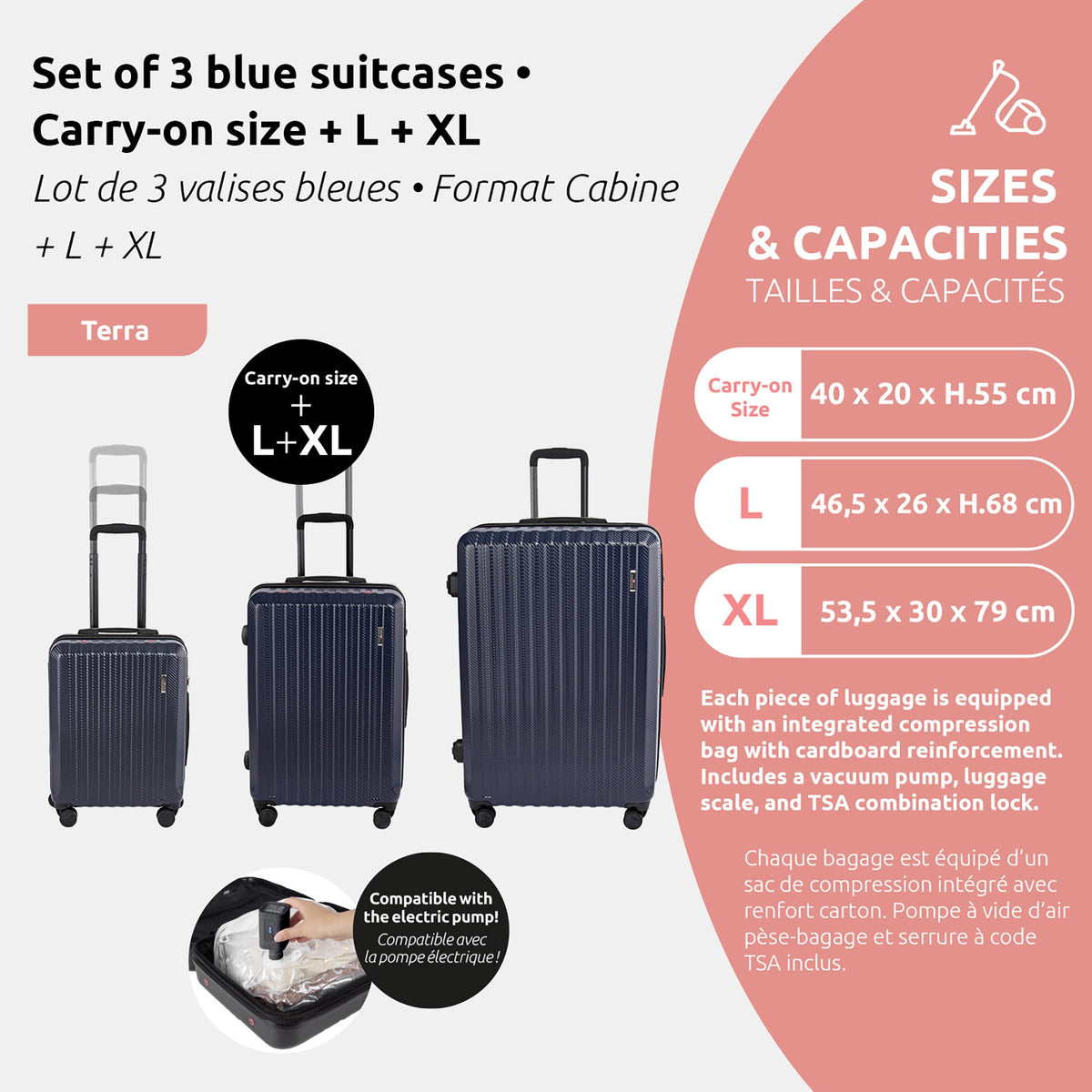 Set van 3 Ruimtebesparende Koffers - Handbagage + Maat L + Maat XL
