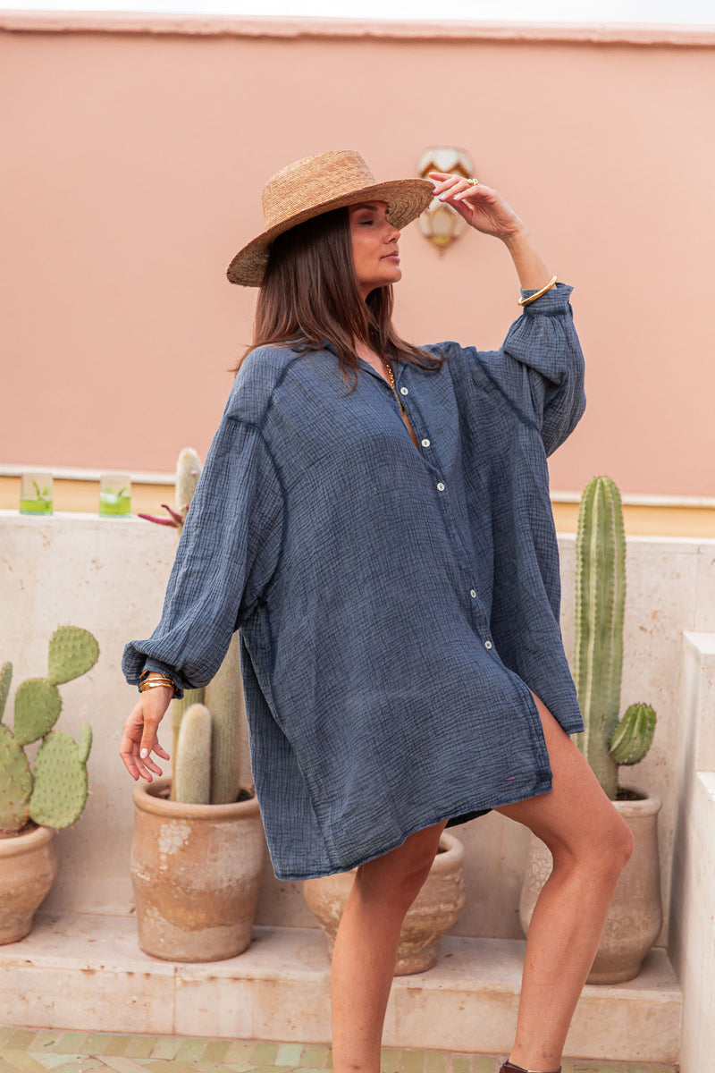 RAPHAËL Marine - Long Cotton Gauze Shirt