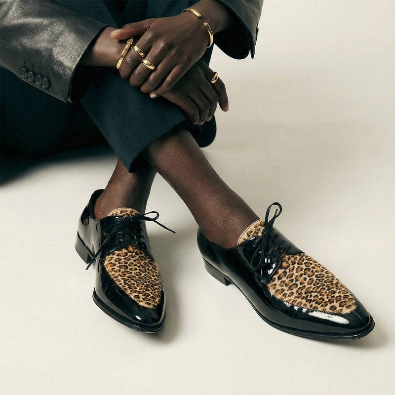 Céline Derbies Bout Pointu Vernis Noir & Léopard, Hedi Slimane Ss20