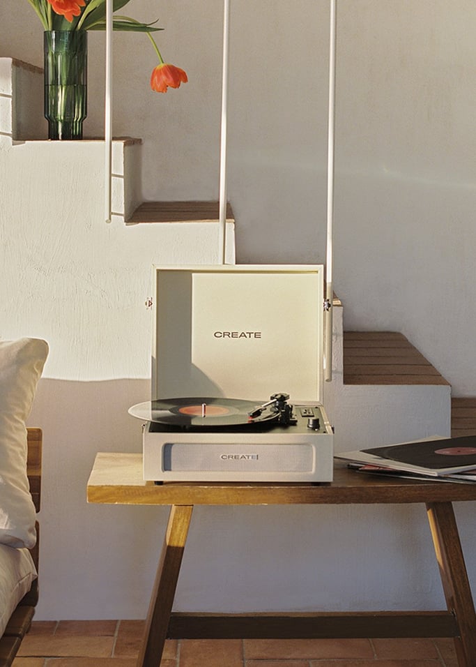 Compact Record Player - Retro Turntable with Bluetooth Player/Recorder, USB, SD, MicroSD & MP3 - Beige