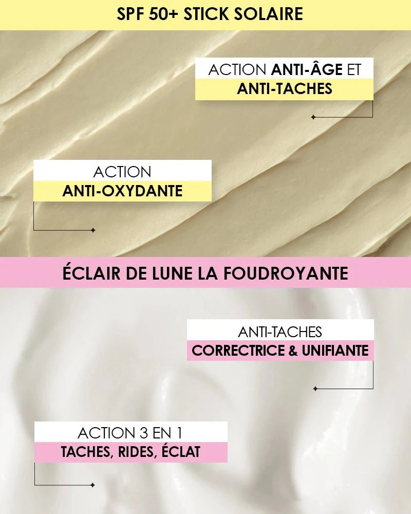 Comparatif des textures et bénéfices Garancia : le Stick Solaire SPF 50+ (anti-âge, anti-taches et anti-oxydant) et la crème Éclair de Lune La Foudroyante (correctrice, unifiante, action rides et éclat).