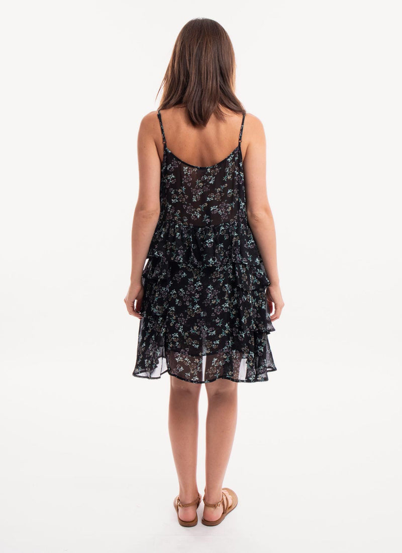 Replay - Robe Fleurie À Volants - Black Multicolour - Femme