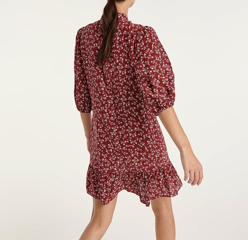 The Kooples - Robe Bordeaux Col Montant Manche 3/4 - Femme