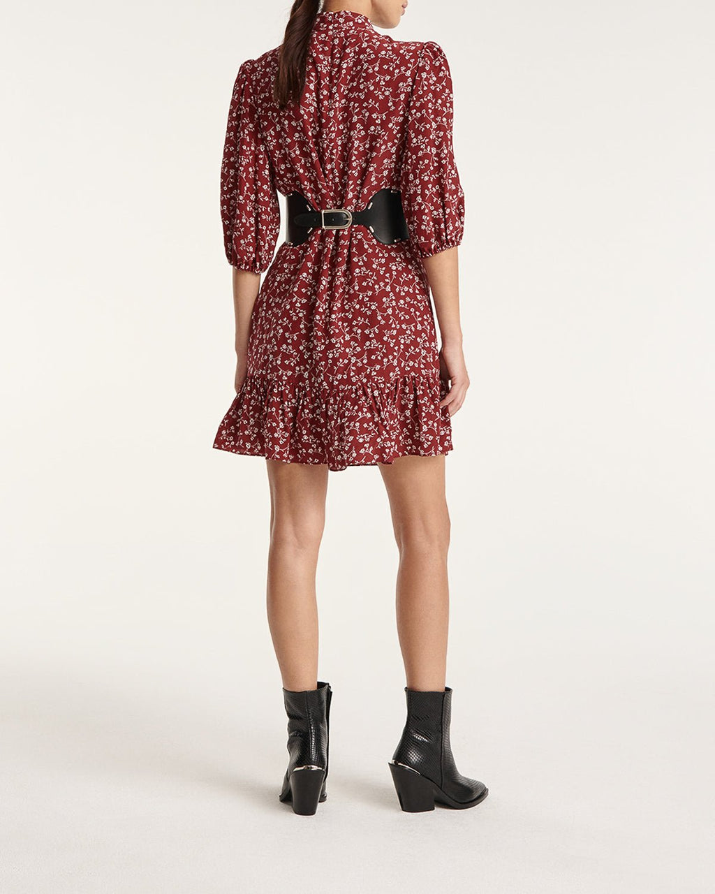 The Kooples - Burgundy Dress with Stand Collar, 3/4 Sleeve - Women