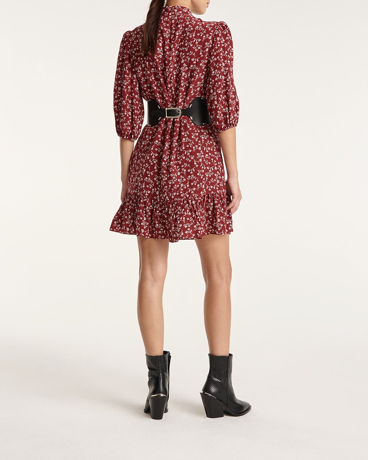 The Kooples - Burgundy Dress with Stand Collar, 3/4 Sleeve - Women