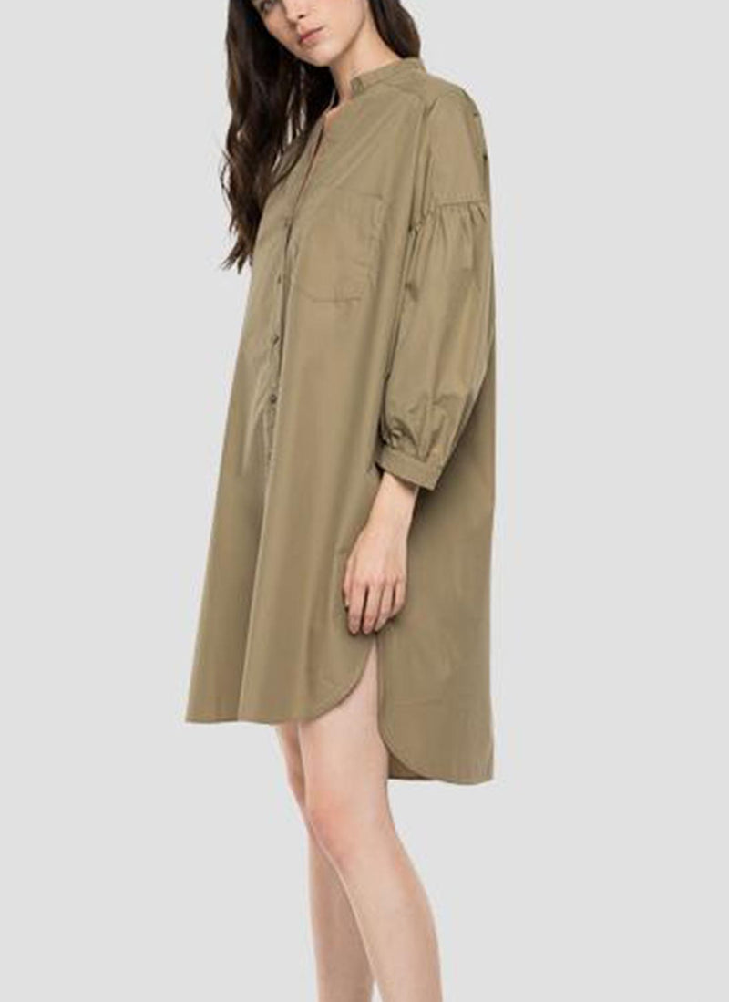 Replay - Vestido camisero con mangas abullonadas - Caqui - Mujer